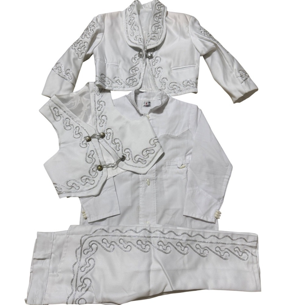 Mariachi Charro Suit Kids White Silver Embroidered 4-Piece Set Size 4T Boys - Picture 2 of 16